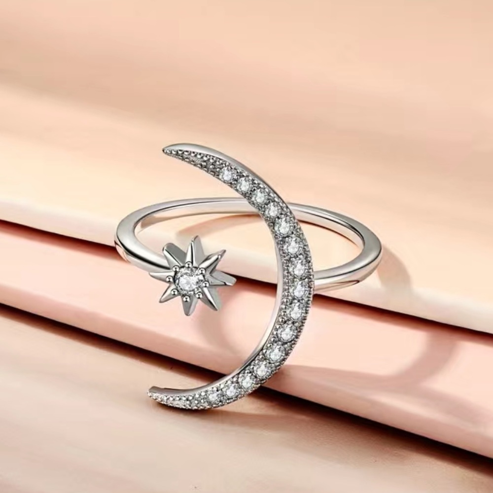 Adjustable Size Cuff Ring Crescent Moon And Star Design Shape Inlaid Rhinestones - Picture 7 of 8